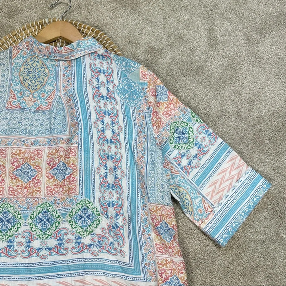 Chico’s No Iron 100% Linen Coastal Tile Button Down Shirt Top Multicolor Boho 18 - Picture 8 of 14